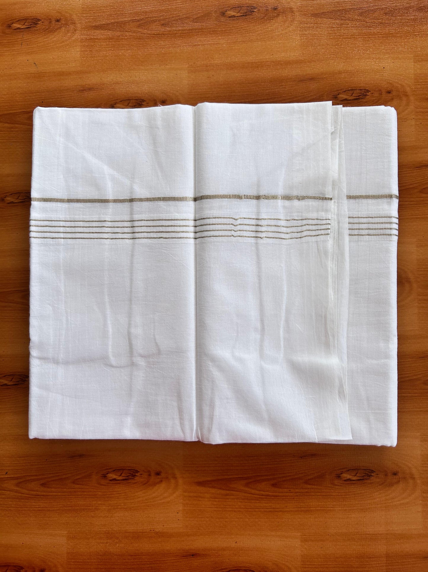 Double Pure White Mundu/Dhoti - 20% Discount !! KaithariKada Balaramapuram 100% Cotton - 100x80 - 0.75 inch Silver Kasav Striped Kara 3.90 mtr (8.5 muzham) - 11 KK5490 VAS