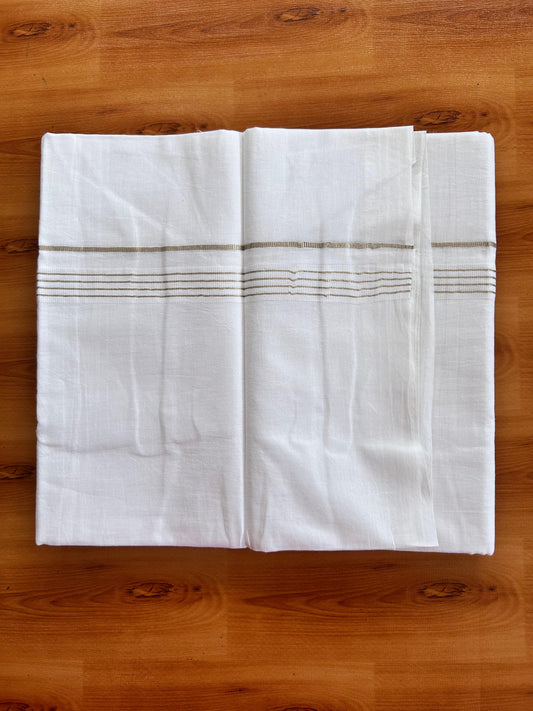 Double Pure White Mundu/Dhoti - 20% Discount !! KaithariKada Balaramapuram 100% Cotton - 100x80 - 0.75 inch Silver Kasav Striped Kara 3.90 mtr (8.5 muzham) - 11 KK5490 VAS