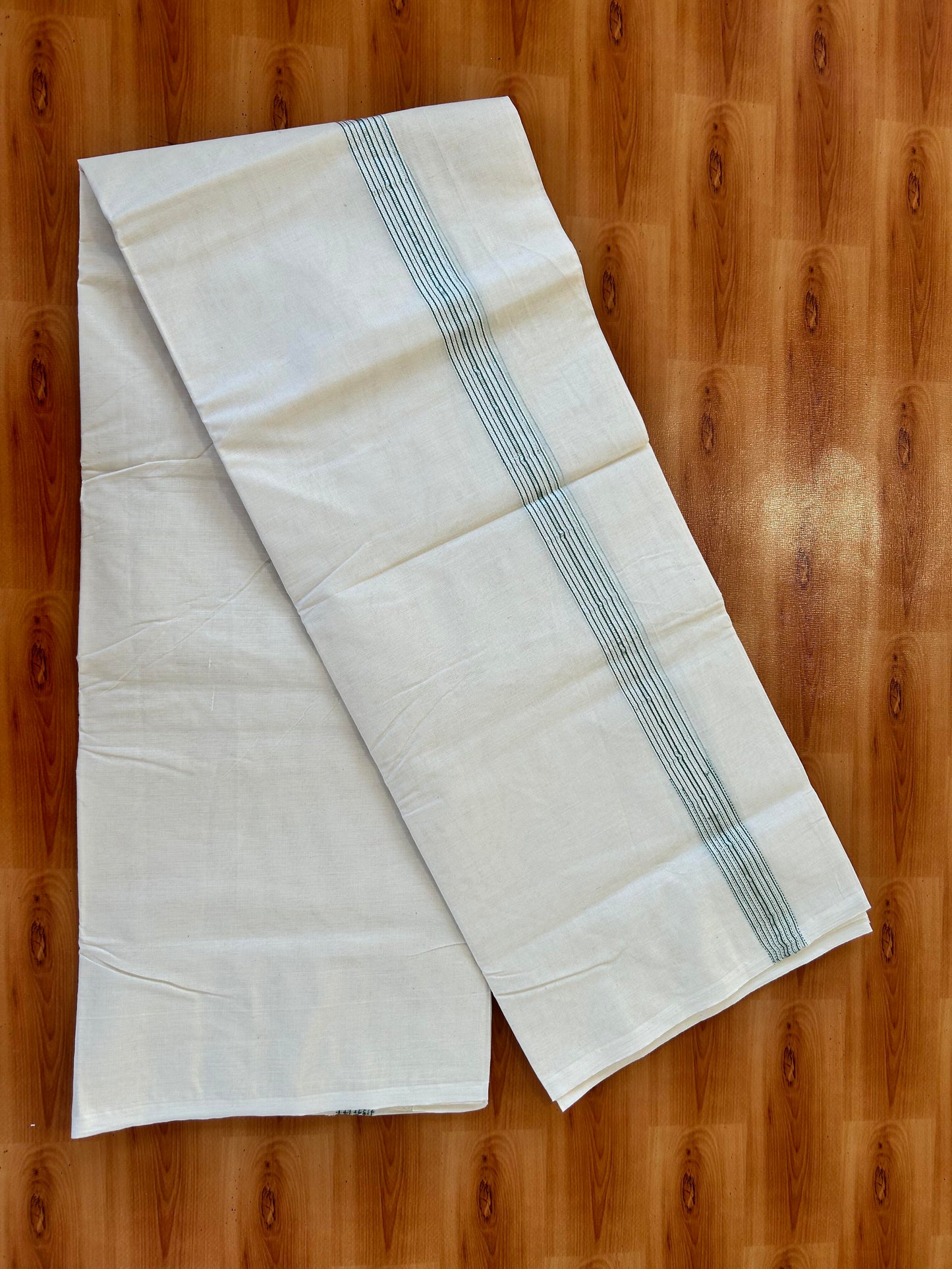 Double Off white Mundu/Dhoti - 20% Discount! KaithariKada Balaramapuram - 100% Cotton  100x100 - 1.25 inch Puliyilakkara Silver Kasav & Teal Blue 12 Line Chutty Kara - 4 mtr (8.5 muzham) - 14 KK5457 ASH