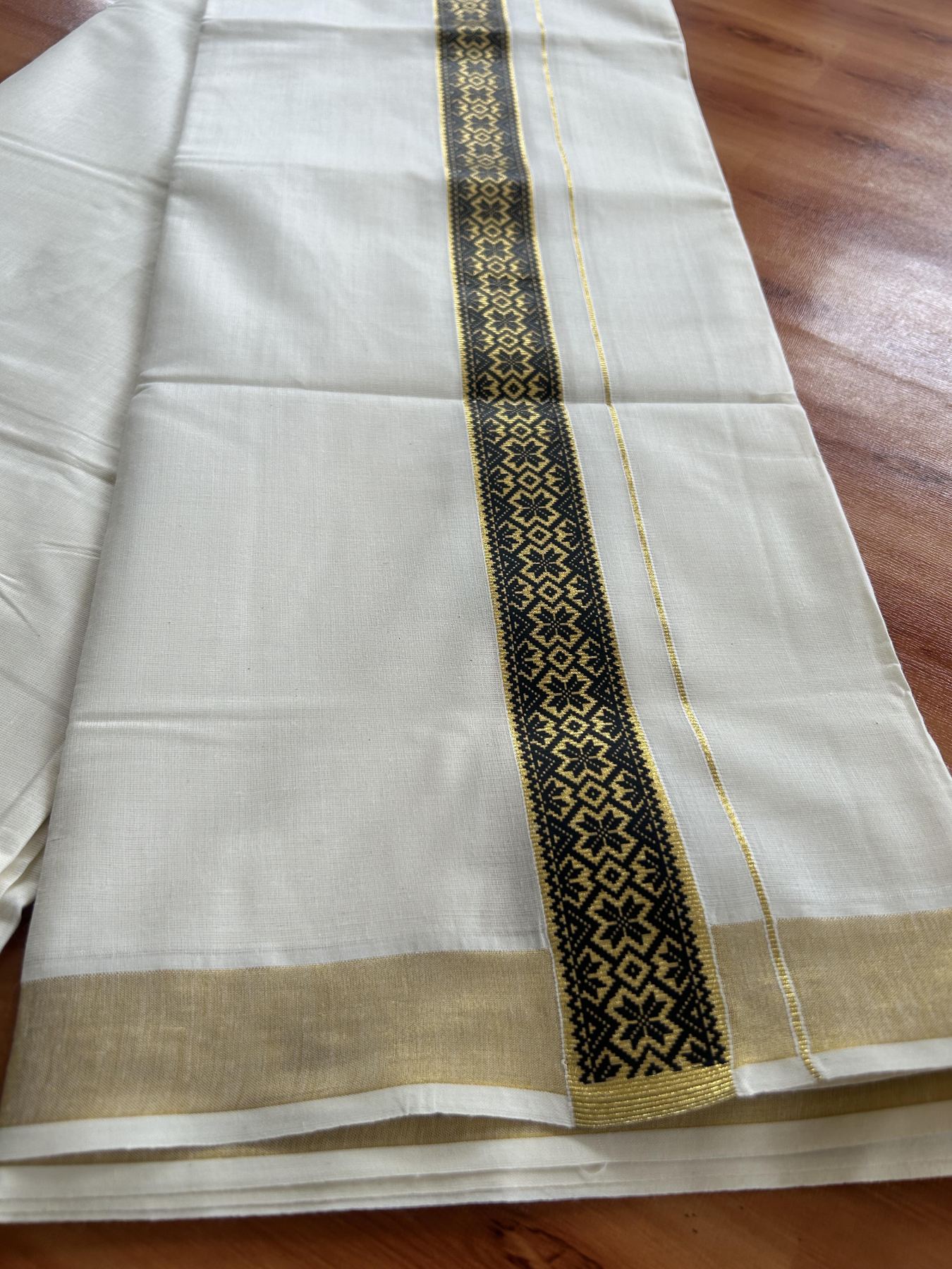 Double Off White - (Unbleached) Mundu/Dhoti- 20% Discount!! KaithariKada Balaramapuram 100% Cotton 60s - 1.5 inch Gold Kasav with Black Printed Design Kara - 10 KK5408 GAN