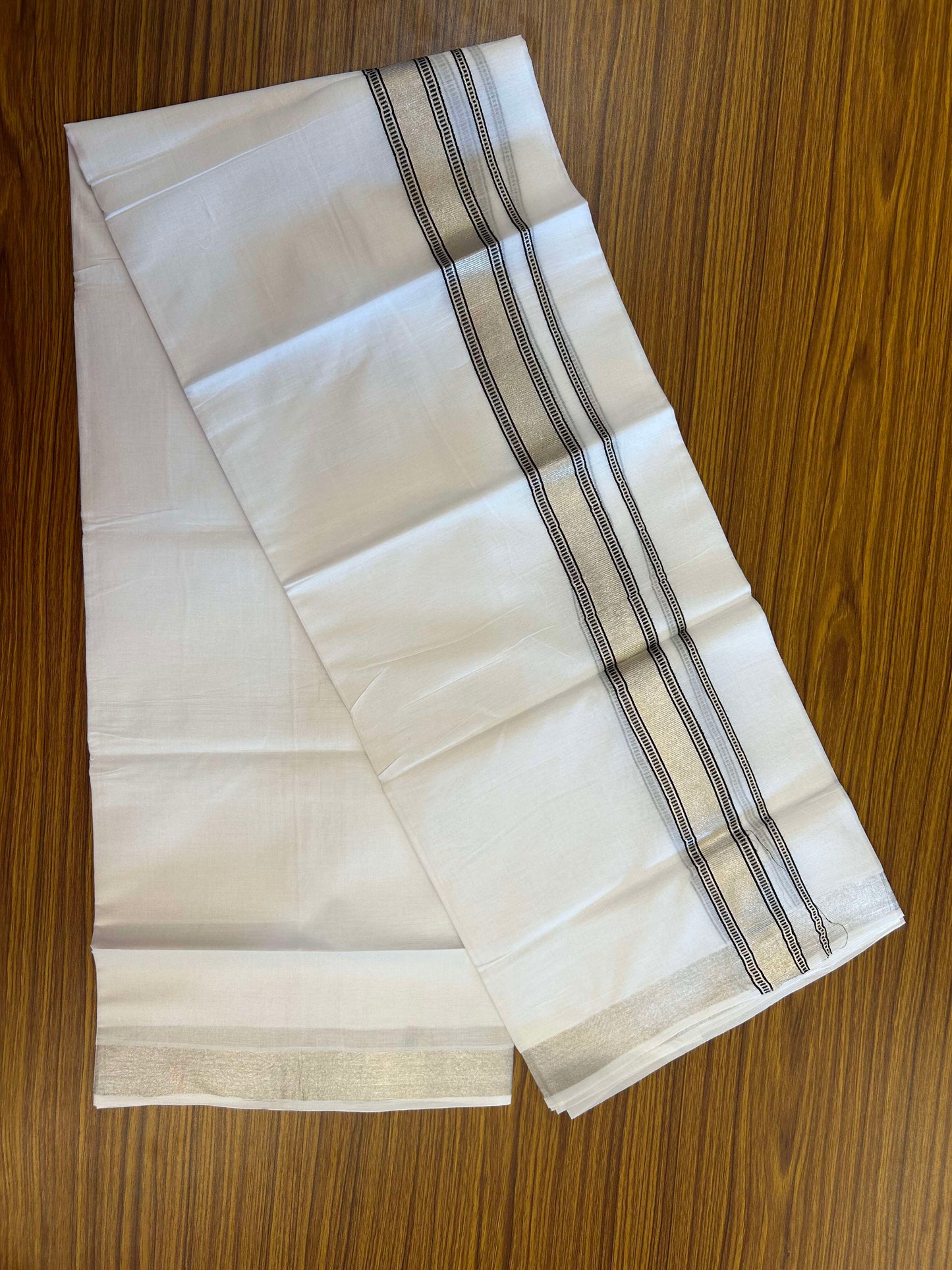 20% Discount!! KaithariKada Balaramapuram 100% Cotton Double Pure White Mundu/Dhoti - 100x100 - 1.5 inch Silver Kasav & Black Design Kara 3.90 mtr (8 muzham) - 3 KK5309 GAN