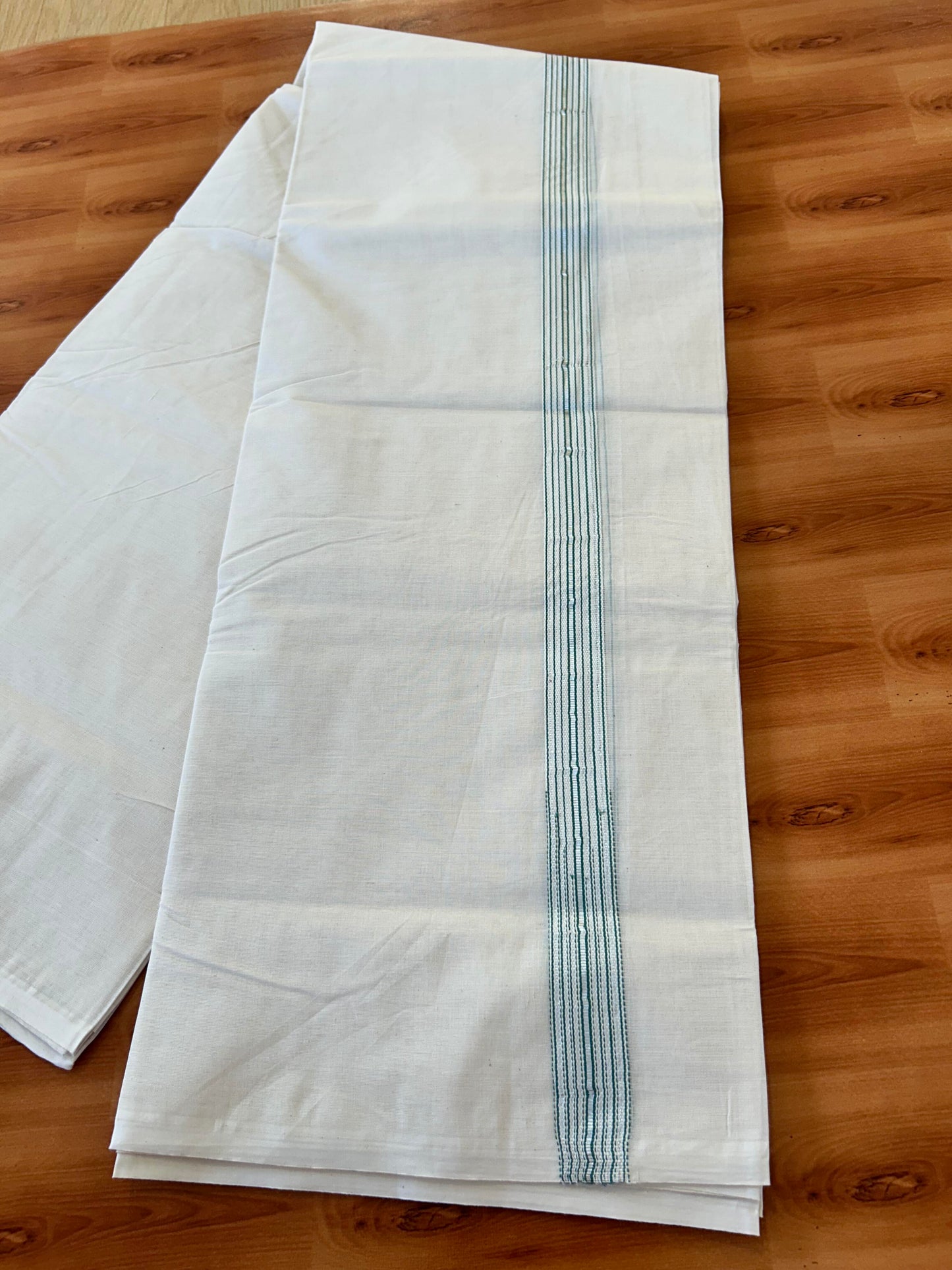 Double Off white Mundu/Dhoti - 20% Discount! KaithariKada Balaramapuram - 100% Cotton  100x100 - 1.25 inch Puliyilakkara Silver Kasav & Teal Blue 12 Line Chutty Kara - 4 mtr (8.5 muzham) - 14 KK5457 ASH