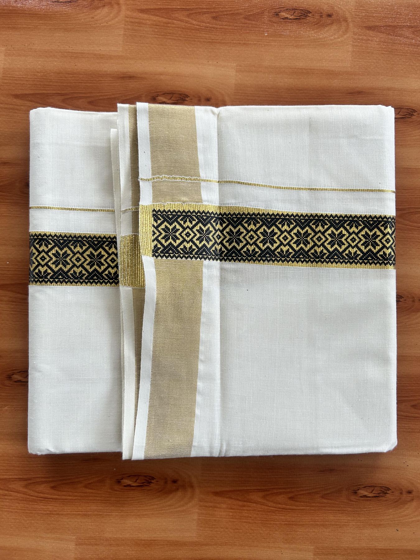 Double Off White - (Unbleached) Mundu/Dhoti- 20% Discount!! KaithariKada Balaramapuram 100% Cotton 60s - 1.5 inch Gold Kasav with Black Printed Design Kara - 10 KK5408 GAN