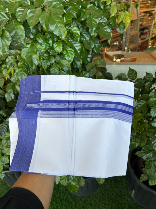 20% Discount ! Kaitharikada Balaramapuram 100% Cotton Pure White Double Mundu/Dothi - 100x80 - 2 inch Royal Blue Shaded Stripes Kara 3.90 m (8 muzham)- 22 KK5364 MC