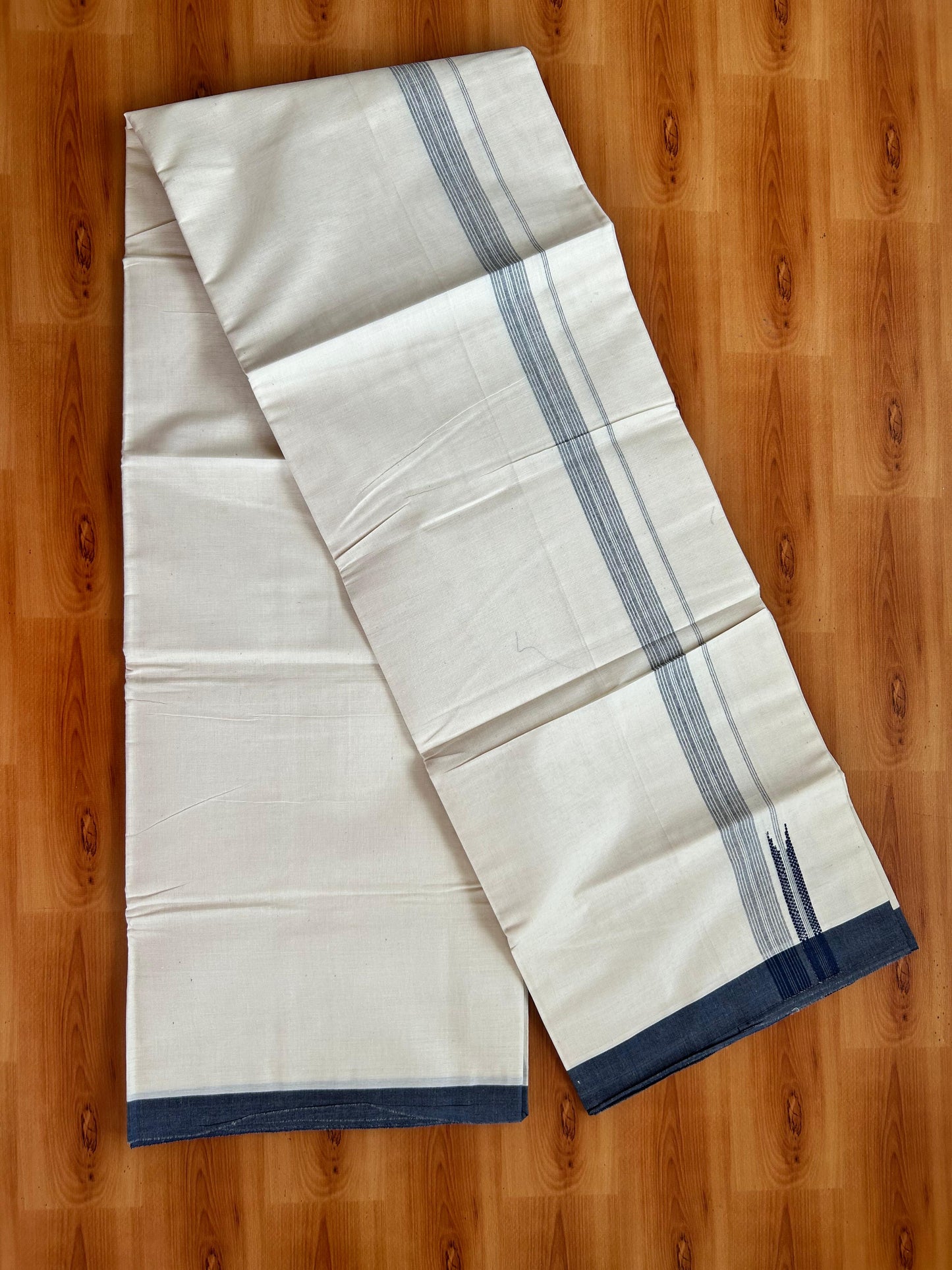 Off White Double Mundu/Dhoti - 20% Discount ! Kaitharikada 100% Cotton  - 100x80 - 0.75 inch Navy blue shaded Striped chutty Kara 4 mtr (8.5 muzham) - 16 KK5490 VAS