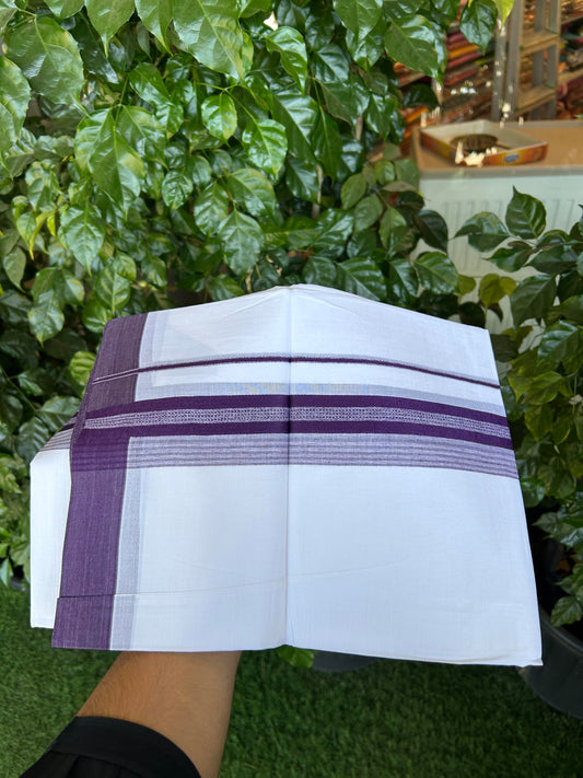 20% Discount ! Kaitharikada Balaramapuram 100% Cotton Pure White Double Mundu/Dothi - 100x80 - 2 inch Dark Violet Shaded Stripes Kara 3.90 m (8 muzham) - 37 KK5364 MC