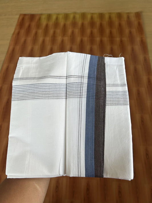 20% Discount ! Kaitharikada Balaramapuram 100% Cotton Pure White Double Mundu/Dothi - 100x80 - 1.5 inch Chocolate Brown & Denim Blue Stripes Kara 4 mtr (8.5 muzham) - 3 KK5382 VIN