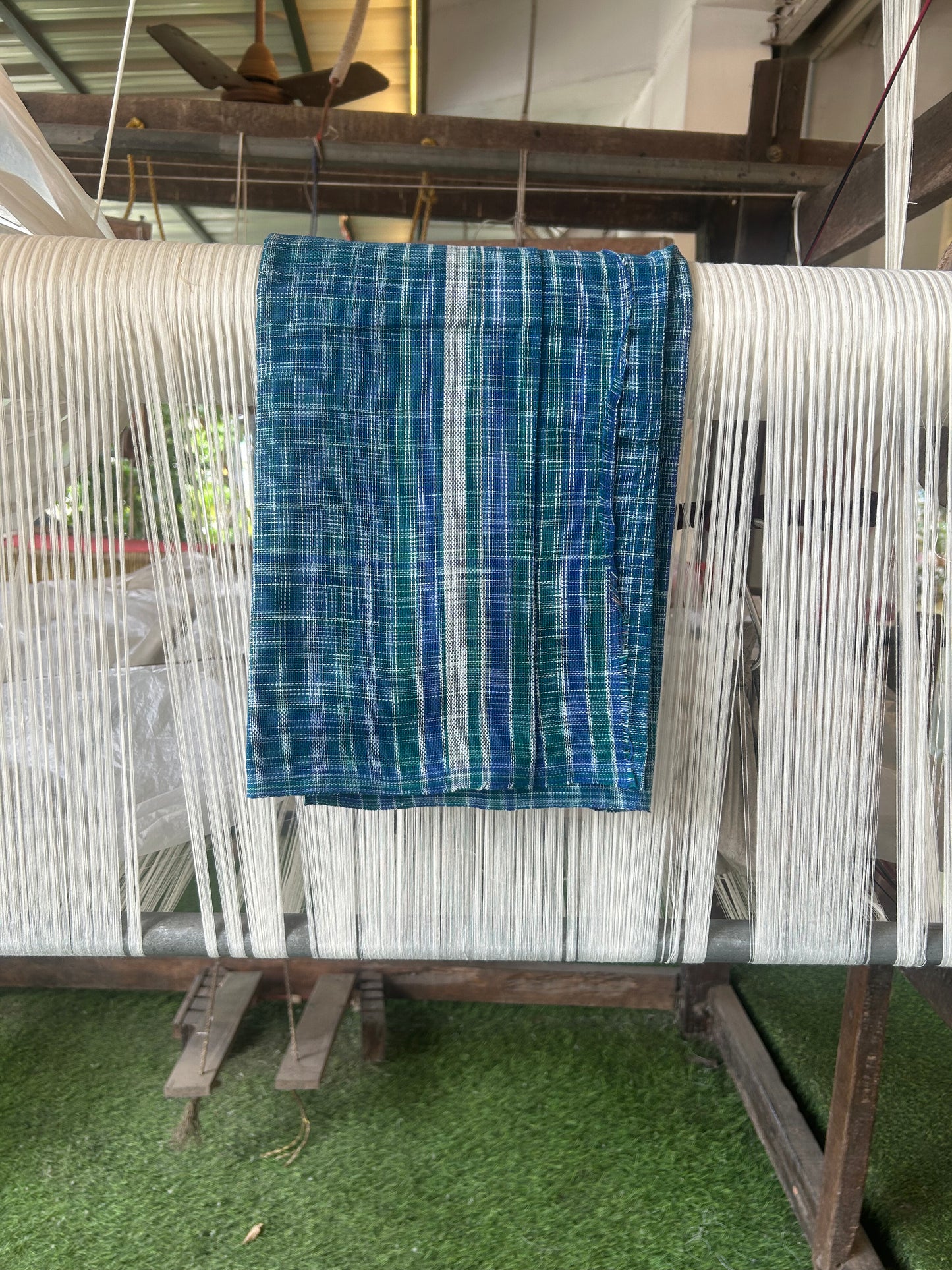 Kaitharikada - Handloom Pure Cotton Kerala Towel - Thorthu - Peacock Green & Blue Body With White Kara - 3 KK51202 ELA