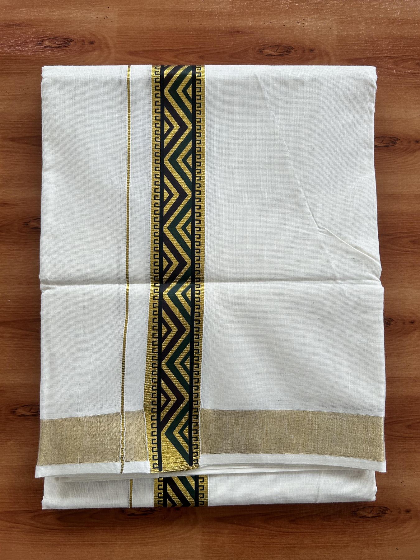 Double Off White - (Unbleached) Mundu/Dhoti- 20% Discount!! KaithariKada Balaramapuram 100% Cotton 60s - 1.5 inch Gold Kasav with  Brown & Dark Green Printed Design Kara - 1 KK5408 GAN