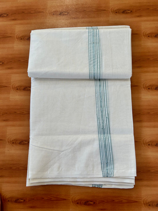 Double Off white Mundu/Dhoti - 20% Discount! KaithariKada Balaramapuram - 100% Cotton  100x100 - 1.25 inch Puliyilakkara Silver Kasav & Teal Blue 12 Line Chutty Kara - 4 mtr (8.5 muzham) - 14 KK5457 ASH