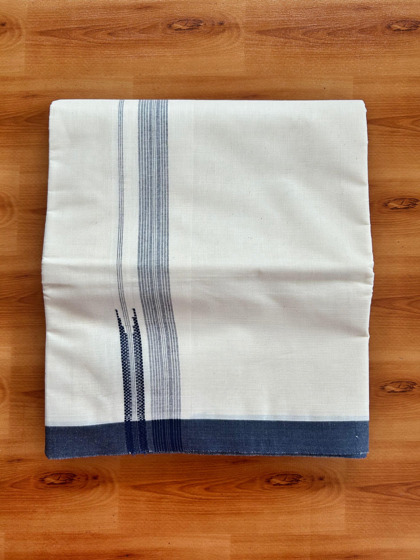 Off White Double Mundu/Dhoti - 20% Discount ! Kaitharikada 100% Cotton  - 100x80 - 0.75 inch Navy blue shaded Striped chutty Kara 4 mtr (8.5 muzham) - 16 KK5490 VAS
