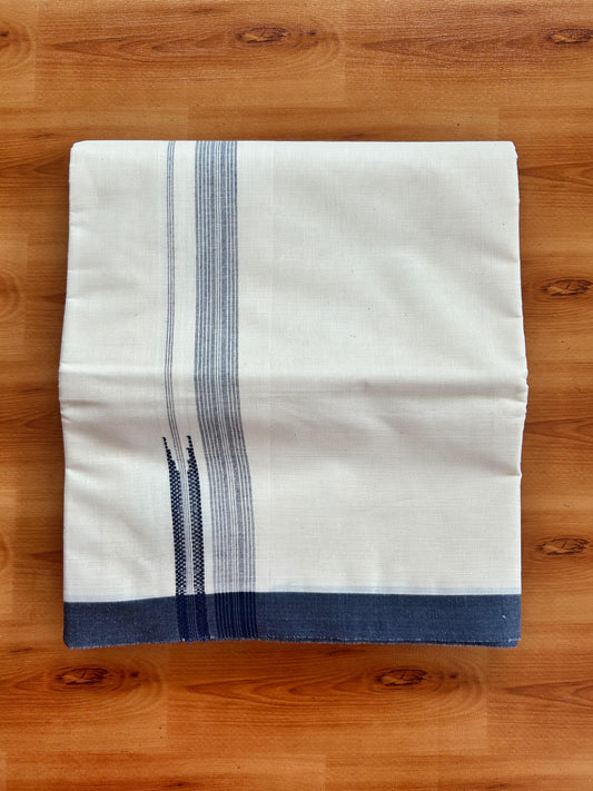 Off White Double Mundu/Dhoti - 20% Discount ! Kaitharikada 100% Cotton  - 100x80 - 0.75 inch Navy blue shaded Striped chutty Kara 4 mtr (8.5 muzham) - 16 KK5490 VAS