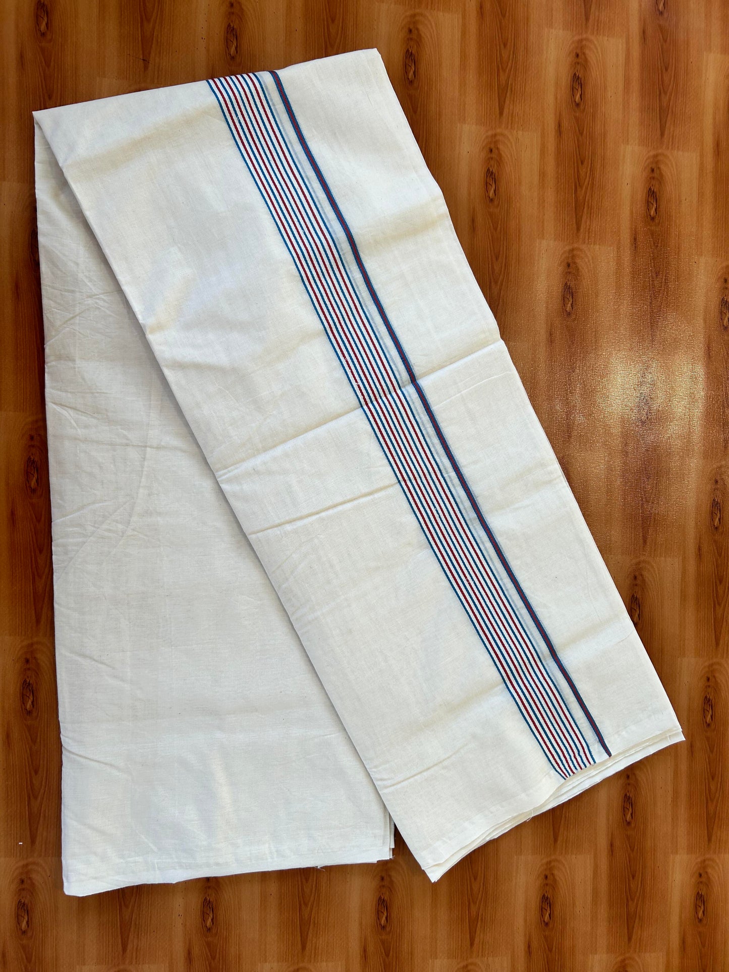Double Off white Mundu/Dhoti - 20% Discount! KaithariKada - 100% Cotton 100x100 - 1.5 inch Brick Orange & Peacock Blue Shaded Striped Kara 4 mtr (8.5 muzham) - 2 KK5457 ASH