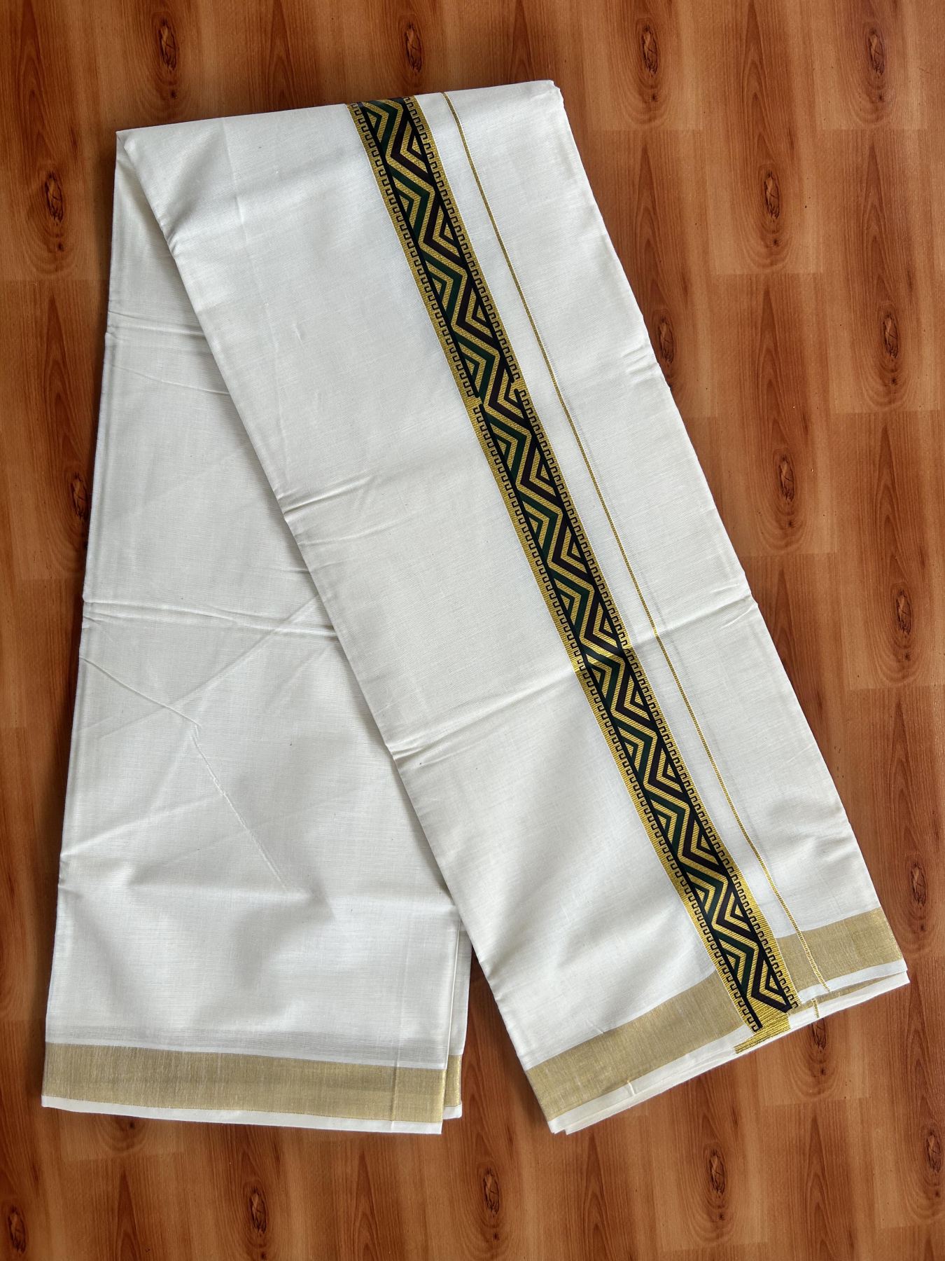 Double Off White - (Unbleached) Mundu/Dhoti- 20% Discount!! KaithariKada Balaramapuram 100% Cotton 60s - 1.5 inch Gold Kasav with  Brown & Dark Green Printed Design Kara - 1 KK5408 GAN