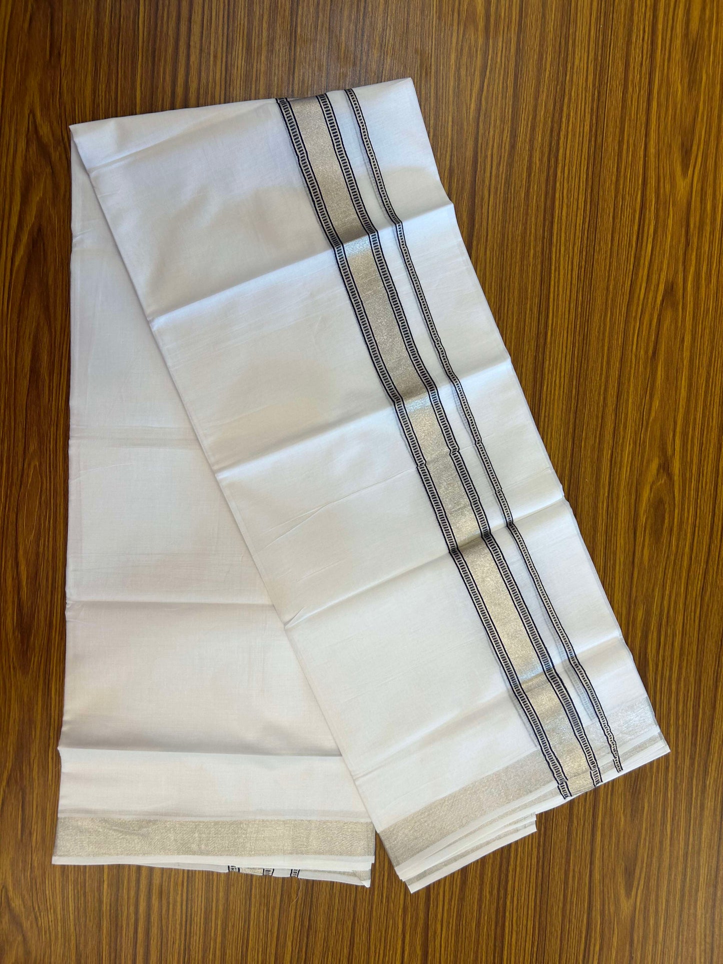20% Discount!! KaithariKada Balaramapuram 100% Cotton Double Pure White Mundu/Dhoti - 100x100 - 1.5 inch Silver Kasav & Blue Design Kara 3.90 mtr (8 muzham) - 4 KK5309 GAN