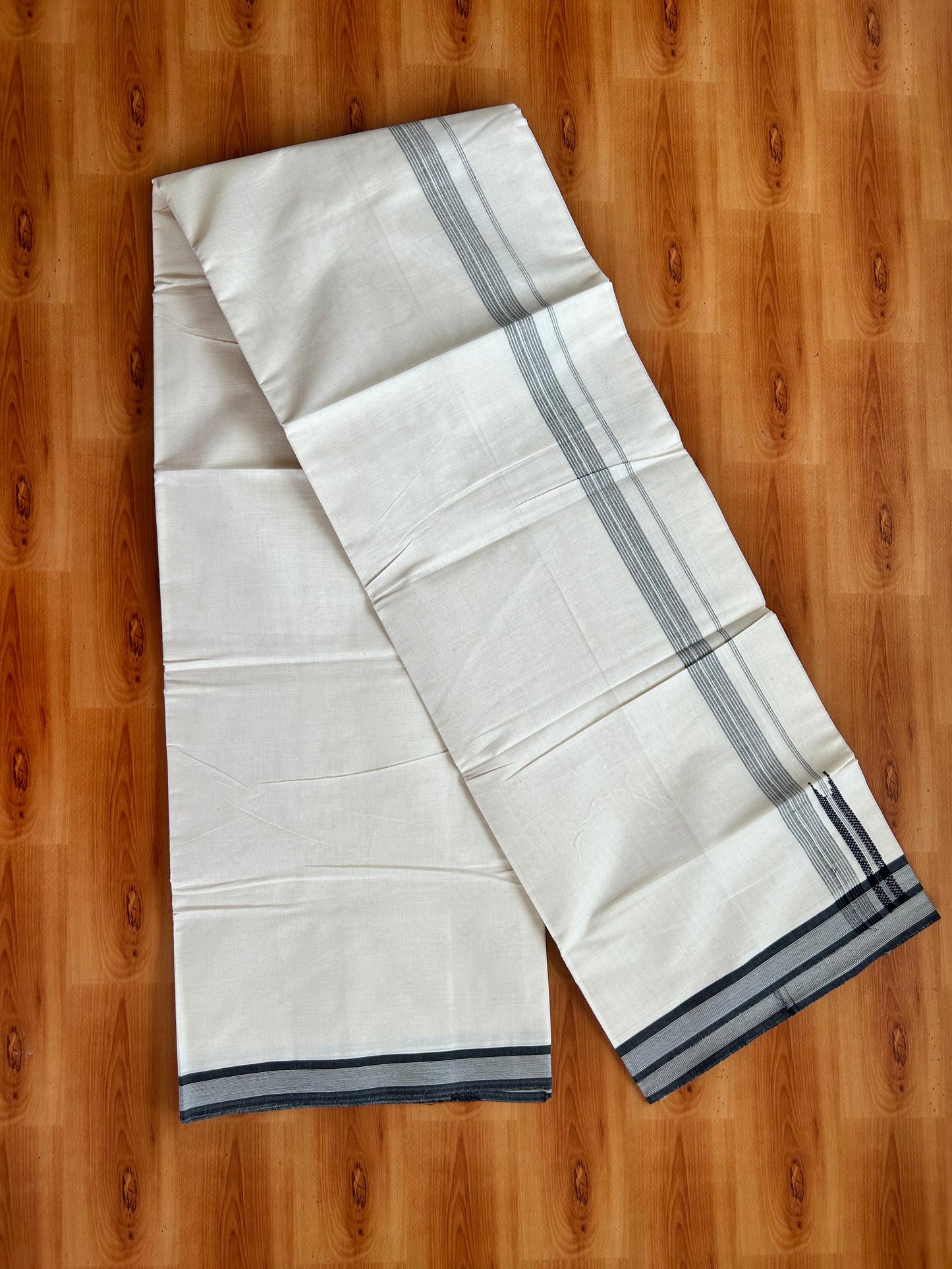 Off White Double Mundu/Dhoti - 20% Discount ! Kaitharikada 100% Cotton  - 100x80 - 0.75 inch Black shaded Striped chutty Kara 4 mtr (8.5 muzham) - 17 KK5490 VAS