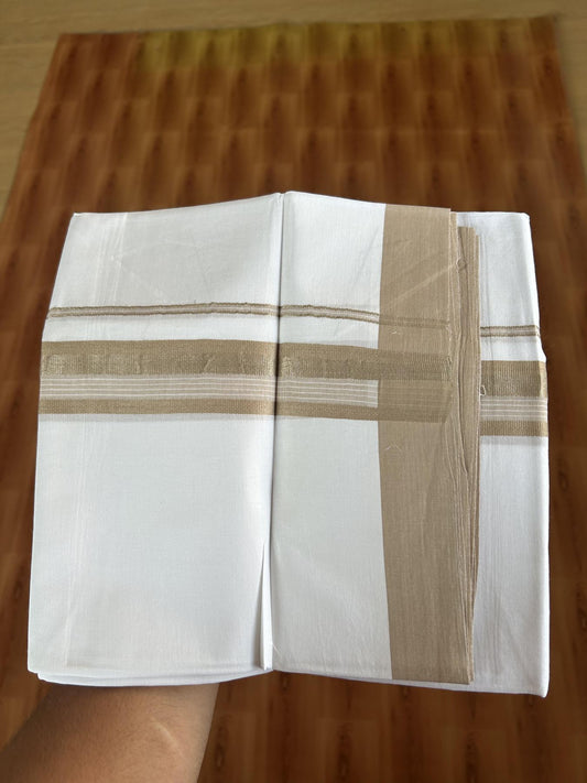 20% Discount ! Kaitharikada Balaramapuram 100% Pure Cotton Double Pure White Mundu/Dhoti - 100x80 - 1.5 inch Tan Brown & Silver Kasav Stripe Kara 3.80 mtr (8 muzham) - 28 KK5382 VIN