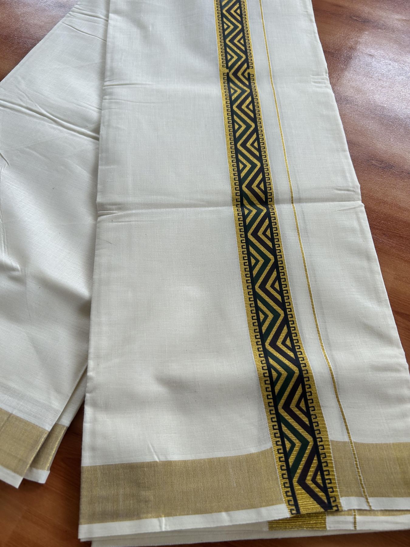 Double Off White - (Unbleached) Mundu/Dhoti- 20% Discount!! KaithariKada Balaramapuram 100% Cotton 60s - 1.5 inch Gold Kasav with  Brown & Dark Green Printed Design Kara - 1 KK5408 GAN