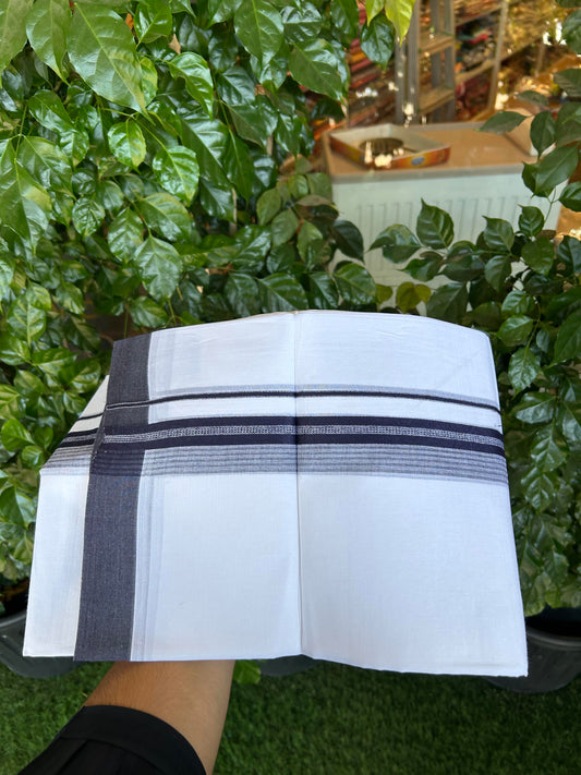 20% Discount ! Kaitharikada Balaramapuram 100% Cotton Pure White Double Mundu/Dothi - 100x80 - 2 inch Navy Blue Shaded Stripes Kara 3.90 m (8 muzham) - 38 KK5364 MC