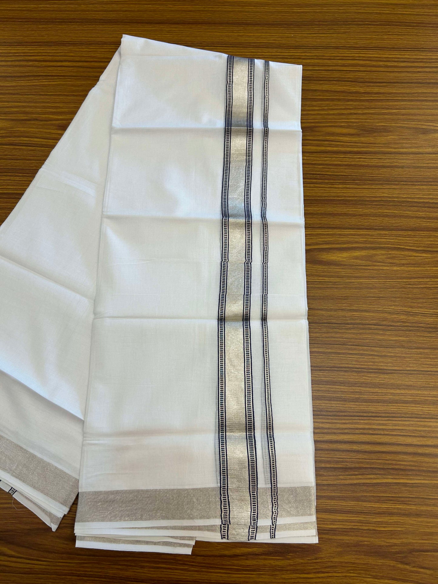 20% Discount!! KaithariKada Balaramapuram 100% Cotton Double Pure White Mundu/Dhoti - 100x100 - 1.5 inch Silver Kasav & Blue Design Kara 3.90 mtr (8 muzham) - 4 KK5309 GAN