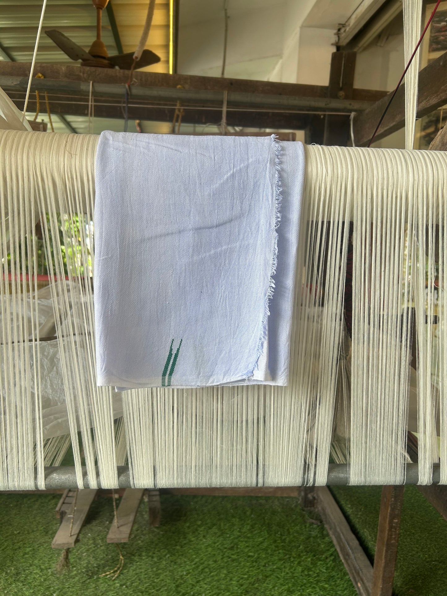 Kaitharikada - Handloom Pure Cotton Kerala Towel - Thorthu - White Body & Green Chutty Kara - 8 KK51202 ELA
