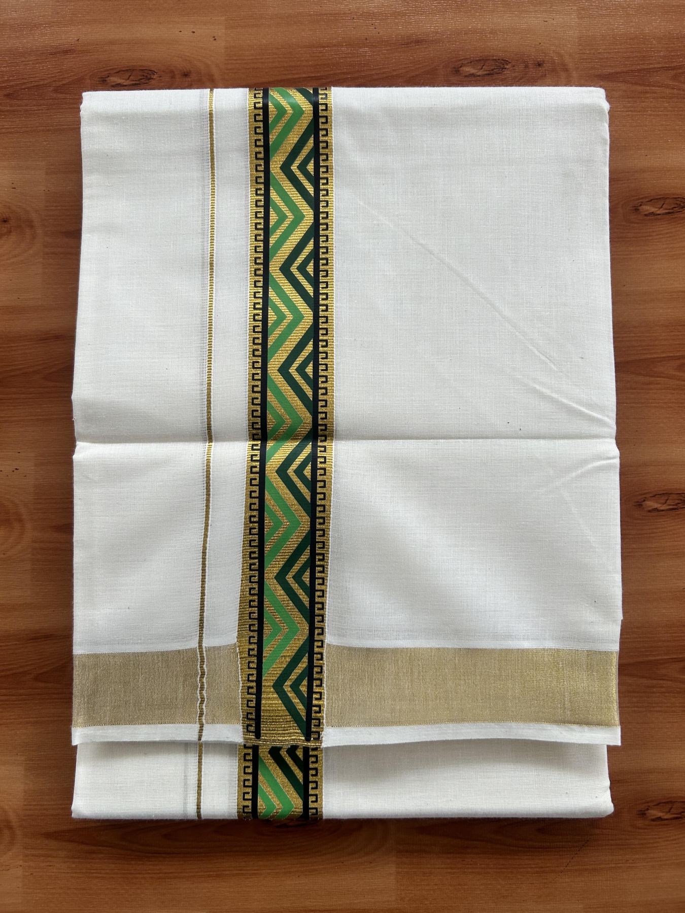 Double Off White - (Unbleached) Mundu/Dhoti- 20% Discount!! KaithariKada Balaramapuram 100% Cotton 60s - 1.5 inch Gold Kasav with  Light Green & Dark Green Printed Design Kara - 2 KK5408 GAN