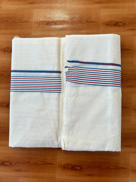 Double Off white Mundu/Dhoti - 20% Discount! KaithariKada - 100% Cotton 100x100 - 1.5 inch Brick Orange & Peacock Blue Shaded Striped Kara 4 mtr (8.5 muzham) - 2 KK5457 ASH