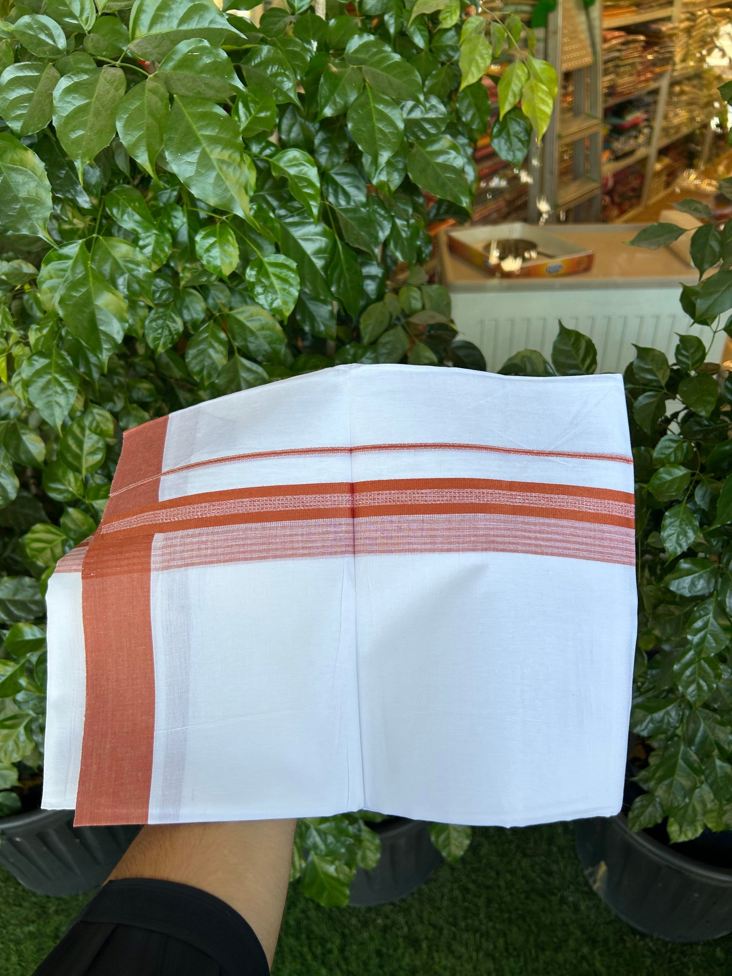20% Discount ! Kaitharikada Balaramapuram 100% Cotton Pure White Double Mundu/Dothi - 100x80 - 2 inch Rust Orange Shaded Stripes Kara 3.90 m (8 muzham) - 25 KK5364 MC