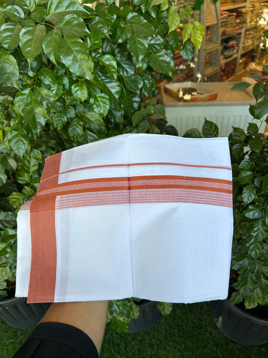 20% Discount ! Kaitharikada Balaramapuram 100% Cotton Pure White Double Mundu/Dothi - 100x80 - 2 inch Rust Orange Shaded Stripes Kara 3.90 m (8 muzham) - 25 KK5364 MC