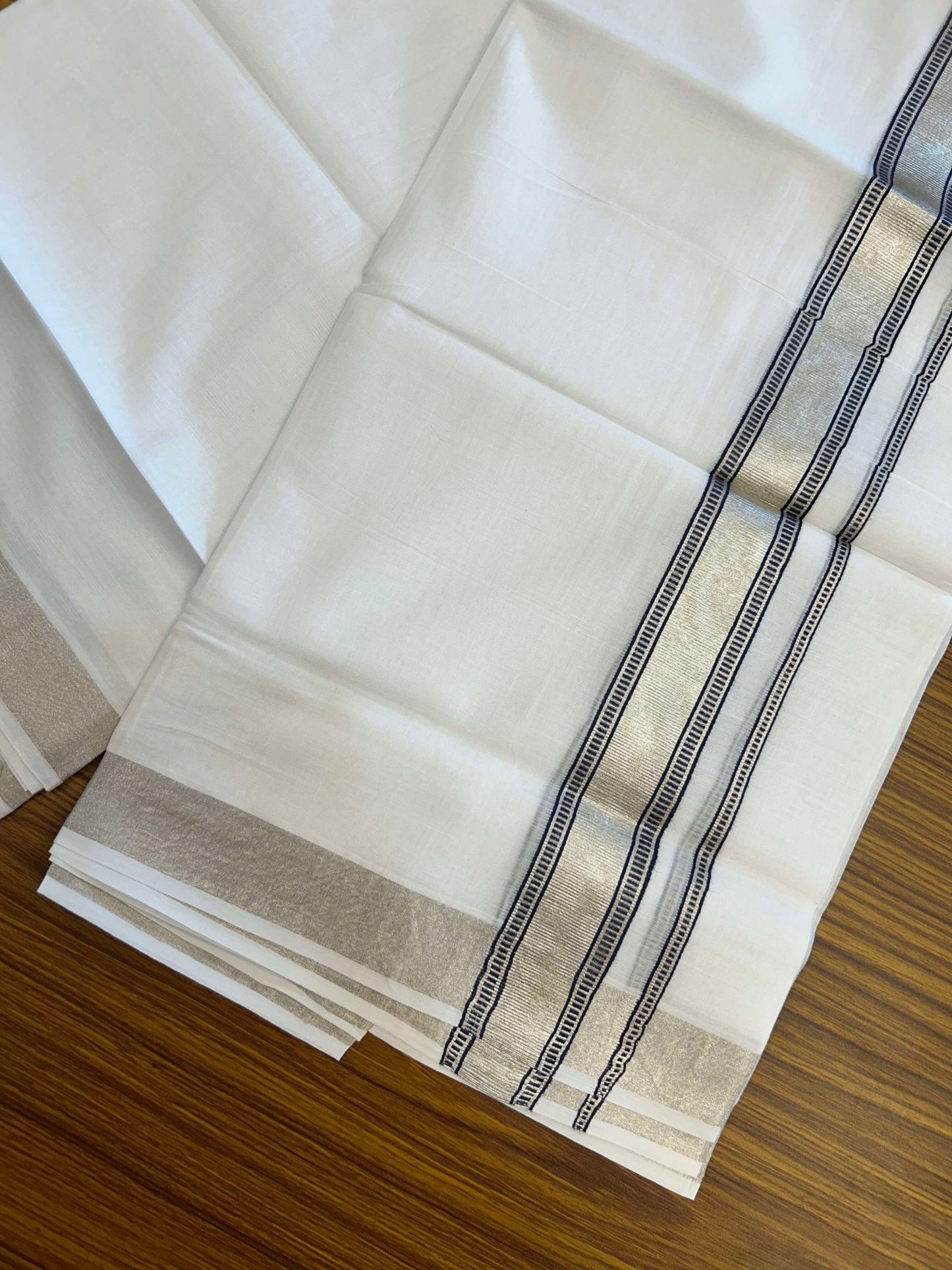 20% Discount!! KaithariKada Balaramapuram 100% Cotton Double Pure White Mundu/Dhoti - 100x100 - 1.5 inch Silver Kasav & Blue Design Kara 3.90 mtr (8 muzham) - 4 KK5309 GAN