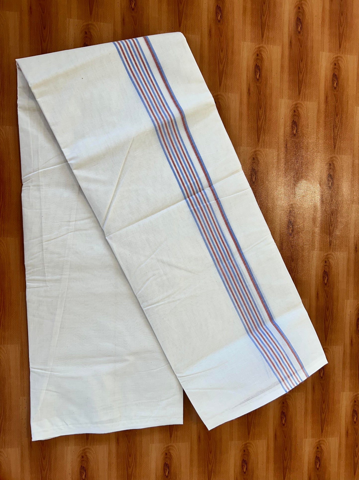Double Off white Mundu/Dhoti - 20% Discount! KaithariKada - 100% Cotton 100x100 - 1.5 inch Brick Orange & Blue Shaded Striped Kara 4 mtr (8.5 muzham) - 1 KK5457 ASH