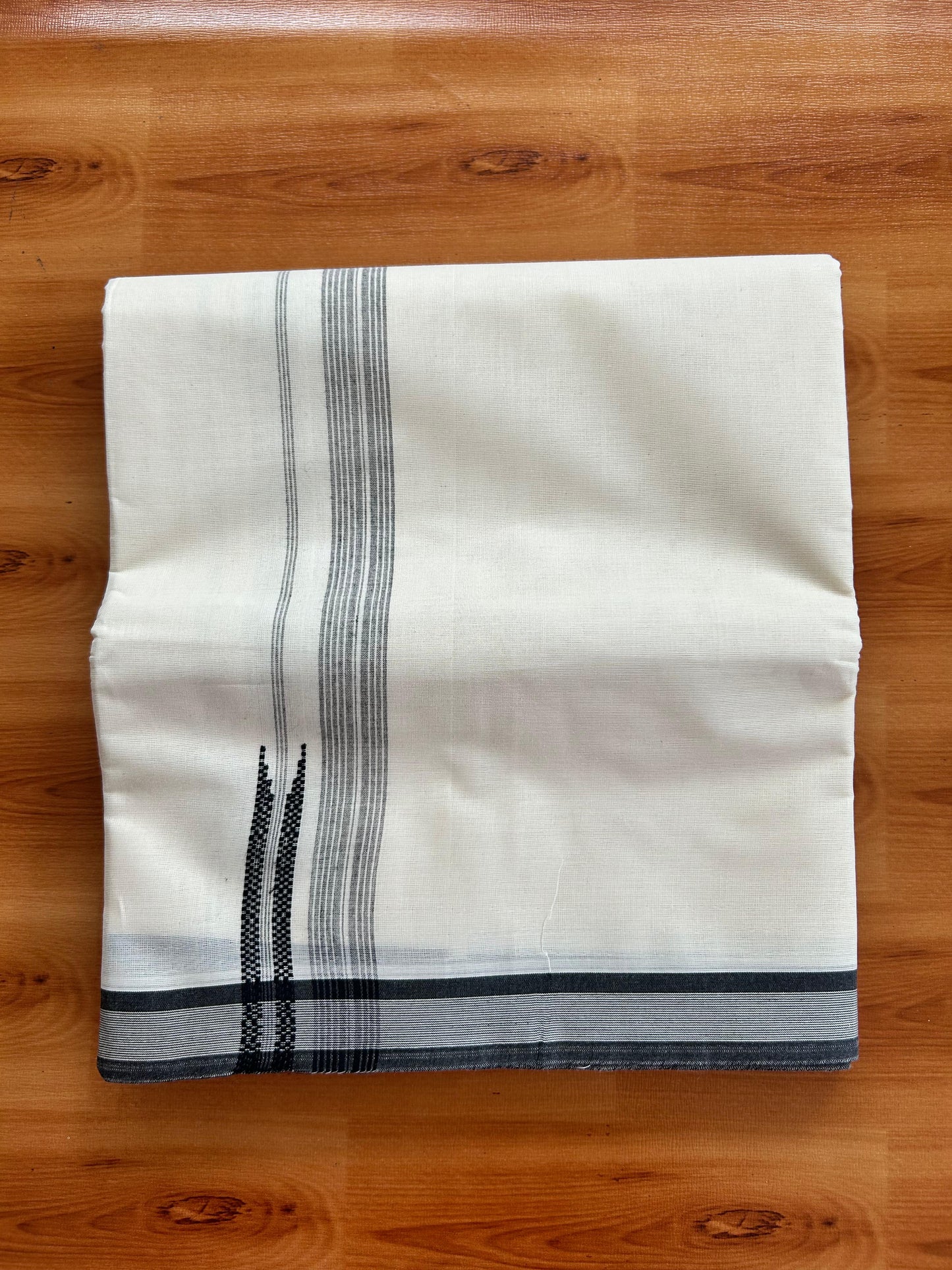 Off White Double Mundu/Dhoti - 20% Discount ! Kaitharikada 100% Cotton  - 100x80 - 0.75 inch Black shaded Striped chutty Kara 4 mtr (8.5 muzham) - 17 KK5490 VAS