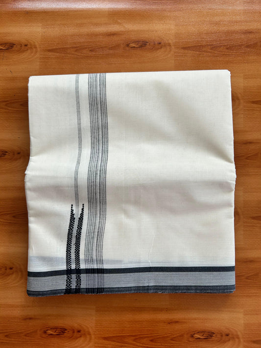 Off White Double Mundu/Dhoti - 20% Discount ! Kaitharikada 100% Cotton  - 100x80 - 0.75 inch Black shaded Striped chutty Kara 4 mtr (8.5 muzham) - 17 KK5490 VAS