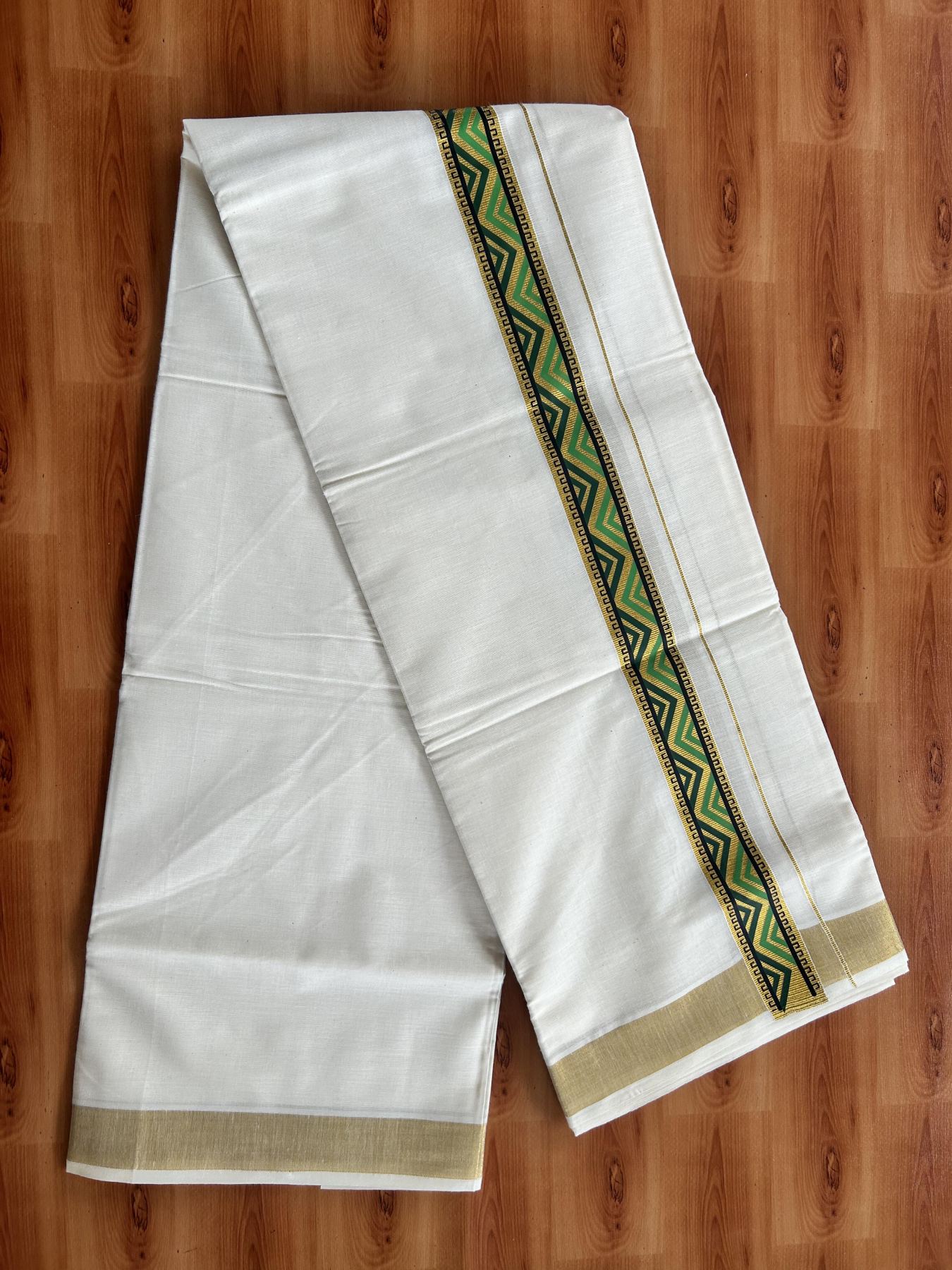 Double Off White - (Unbleached) Mundu/Dhoti- 20% Discount!! KaithariKada Balaramapuram 100% Cotton 60s - 1.5 inch Gold Kasav with  Light Green & Dark Green Printed Design Kara - 2 KK5408 GAN