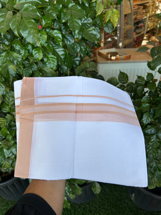 20% Discount ! Kaitharikada Balaramapuram 100% Cotton Pure White Double Mundu/Dothi - 100x80 - 2 inch Peach Brown Shaded Stripes Kara 3.90 m (8 muzham) - 29 KK5364 MC