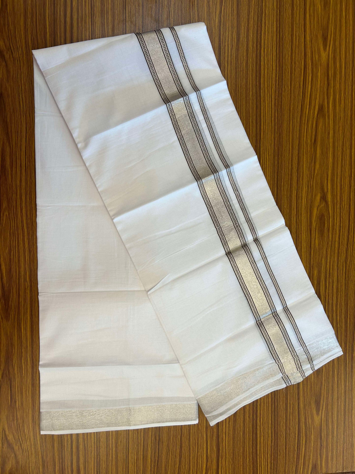 20% Discount!! KaithariKada Balaramapuram 100% Cotton Double Pure White Mundu/Dhoti - 100x100 - 1.5 inch Silver Kasav & Brown Design Kara 3.90 mtr (8 muzham) - 5 KK5309 GAN