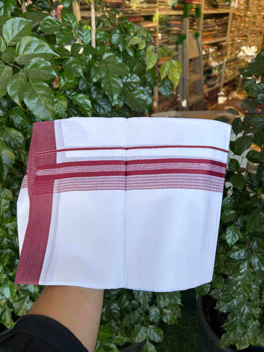 20% Discount ! Kaitharikada Balaramapuram 100% Cotton Pure White Double Mundu/Dothi - 100x80 - 2 inch Maroon Shaded Stripes Kara 3.90 m (8 muzham) - 27 KK5364 MC