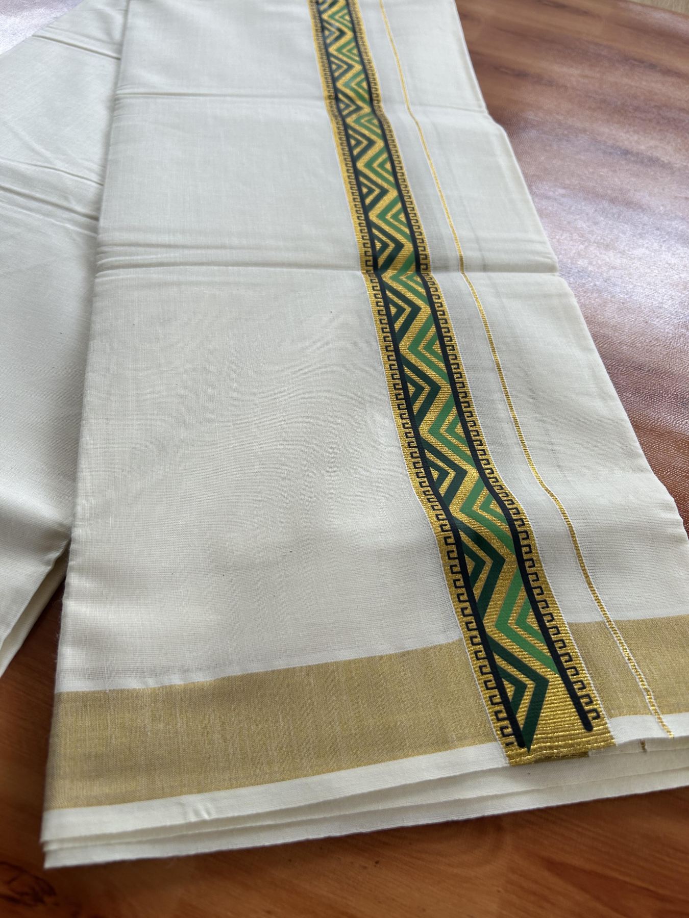 Double Off White - (Unbleached) Mundu/Dhoti- 20% Discount!! KaithariKada Balaramapuram 100% Cotton 60s - 1.5 inch Gold Kasav with  Light Green & Dark Green Printed Design Kara - 2 KK5408 GAN