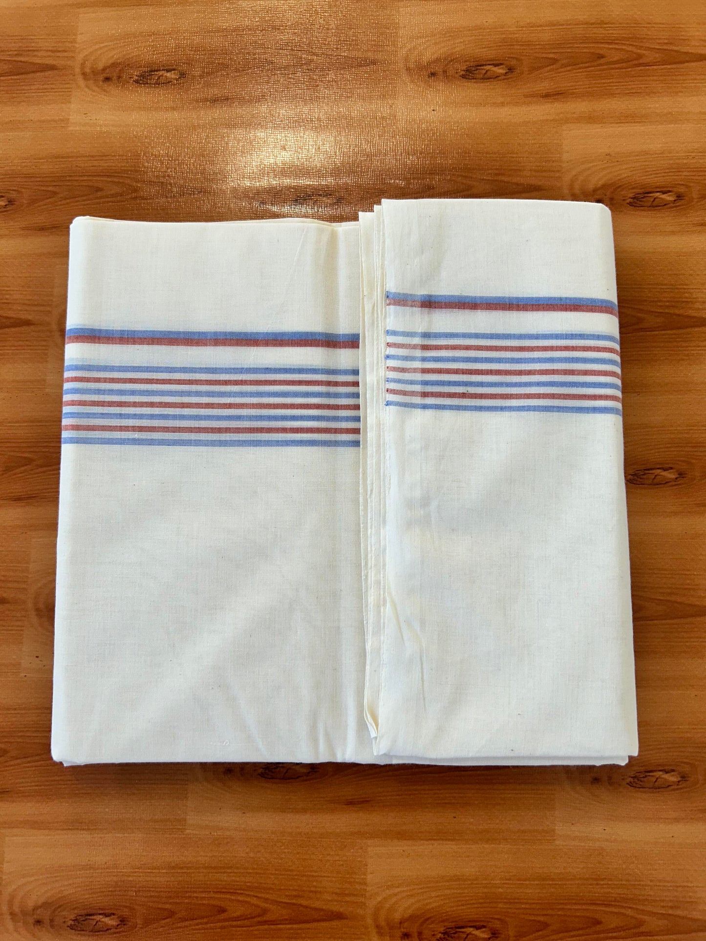 Double Off white Mundu/Dhoti - 20% Discount! KaithariKada - 100% Cotton 100x100 - 1.5 inch Brick Orange & Blue Shaded Striped Kara 4 mtr (8.5 muzham) - 1 KK5457 ASH