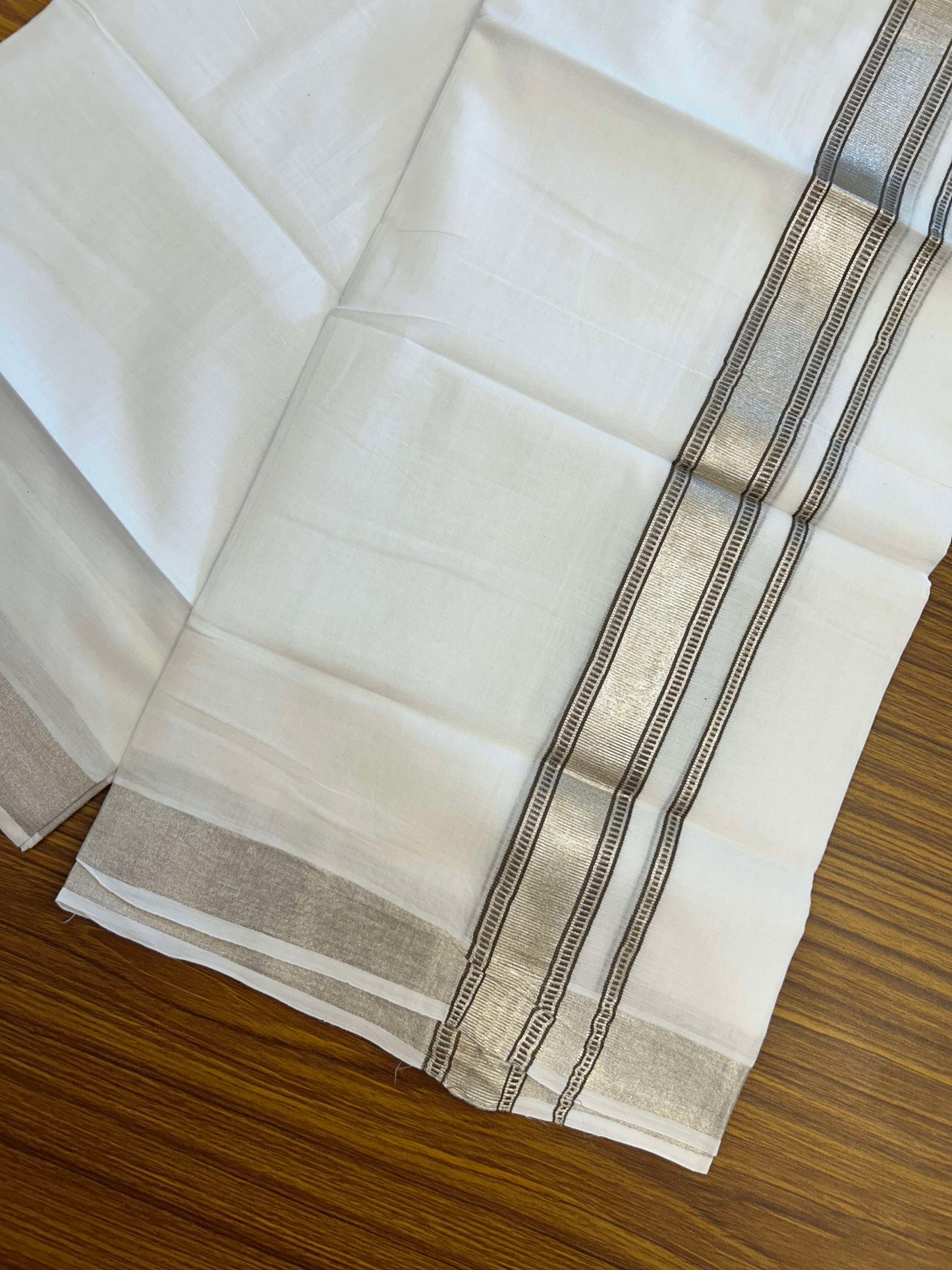 20% Discount!! KaithariKada Balaramapuram 100% Cotton Double Pure White Mundu/Dhoti - 100x100 - 1.5 inch Silver Kasav & Brown Design Kara 3.90 mtr (8 muzham) - 5 KK5309 GAN