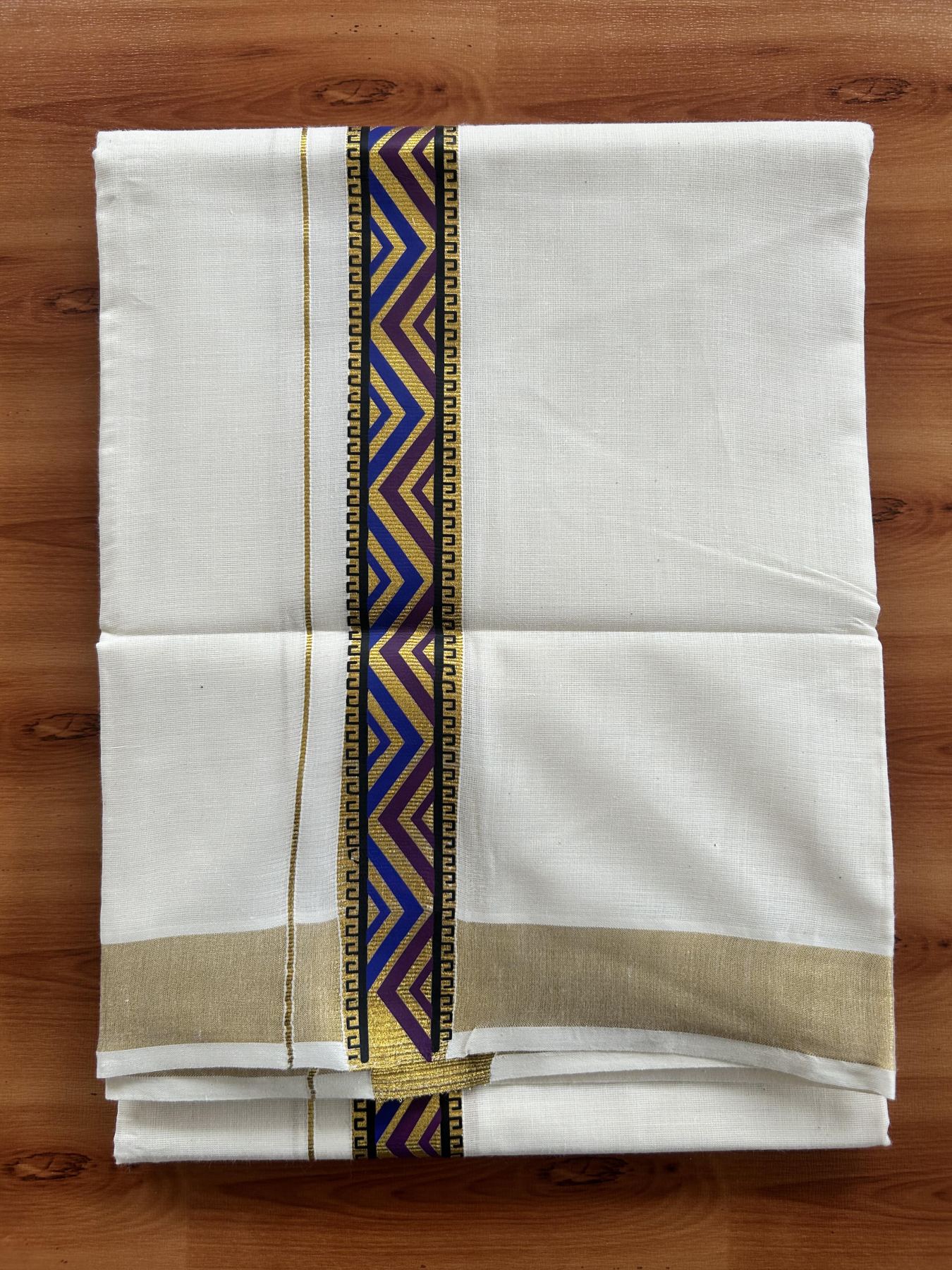 Double Off White - (Unbleached) Mundu/Dhoti- 20% Discount!! KaithariKada Balaramapuram 100% Cotton 60s - 1.5 inch Gold Kasav with  Purple & Blue Printed Design Kara - 4 KK5408 GAN
