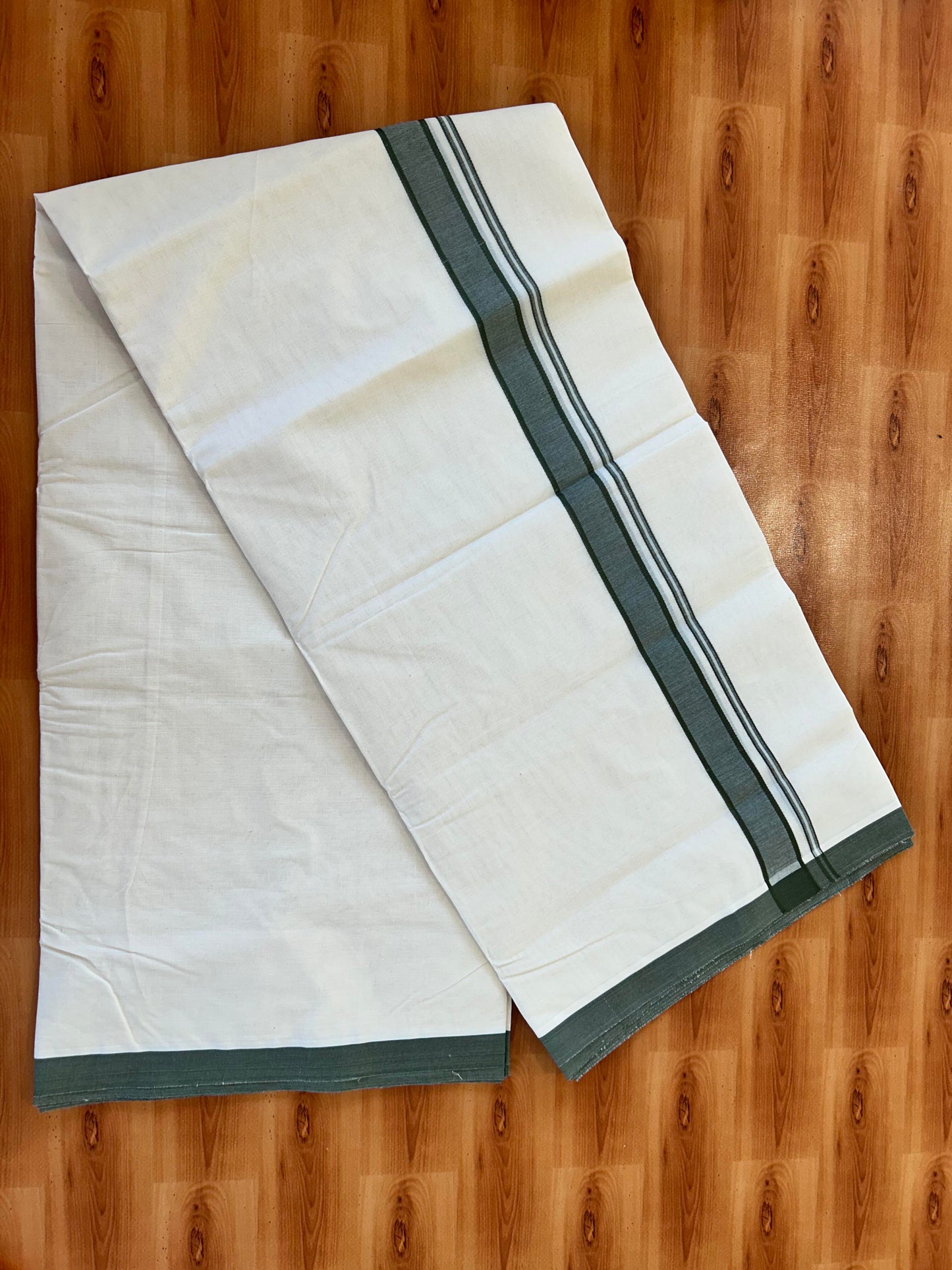 Double Off white Mundu/Dhoti - 20% Discount! KaithariKada - 100% Cotton 100x100 - 1.25 inch Olive Green Shaded Kara 5 mtr (10.71 muzham) - 3 KK5457 ASH
