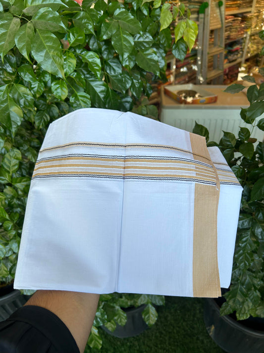 20% Discount ! Kaitharikada Balaramapuram 100% Cotton Pure White Double Mundu/Dothi - 100x80 - 1.25 inch Black & Sand Brown Shaded Stripes Kara 3.90 m (8 muzham) - 77 KK5364 MC