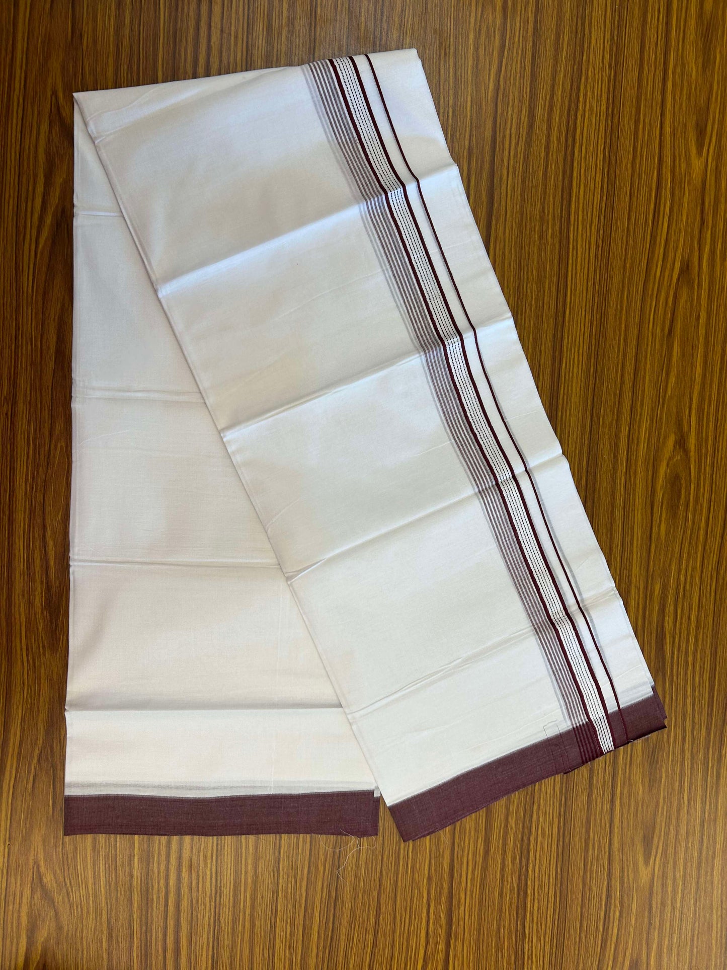 20% Discount!! KaithariKada Balaramapuram 100% Cotton Double Pure White Mundu/Dhoti - 100x100 - 1.25 inch Maroon Striped Kara 3.96 mtr (8 muzham) - 6 KK5309 GAN