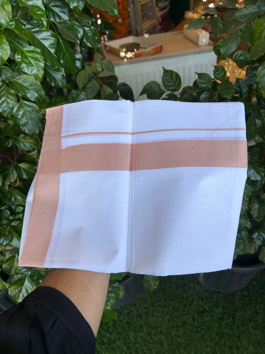 20% Discount ! Kaitharikada Balaramapuram 100% Cotton Pure White Double Mundu/Dothi - 100x80 - 1.5 inch Peach Kara - 3.90 m (8 muzham) - 16 KK5364 MC