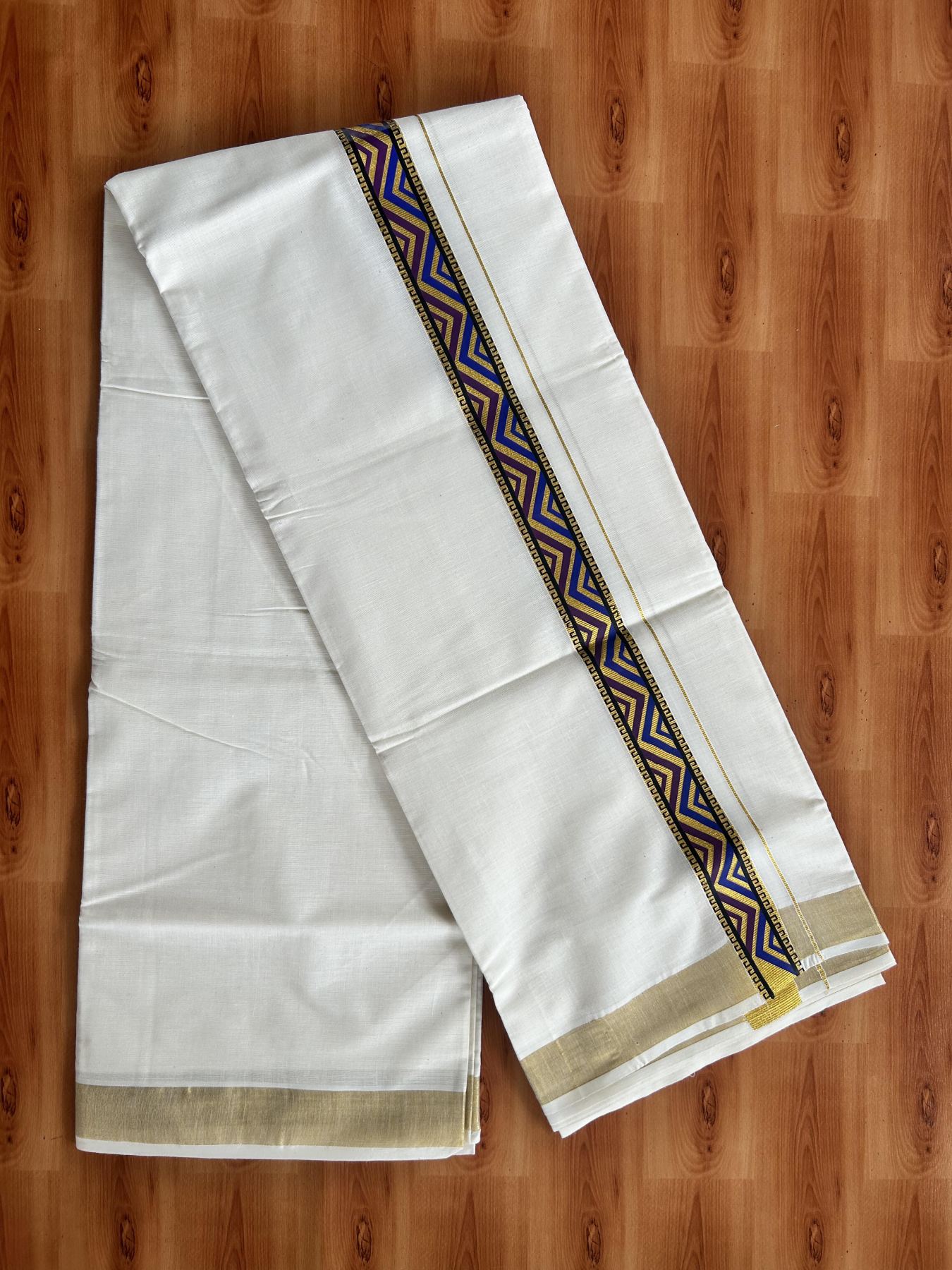 Double Off White - (Unbleached) Mundu/Dhoti- 20% Discount!! KaithariKada Balaramapuram 100% Cotton 60s - 1.5 inch Gold Kasav with  Purple & Blue Printed Design Kara - 4 KK5408 GAN