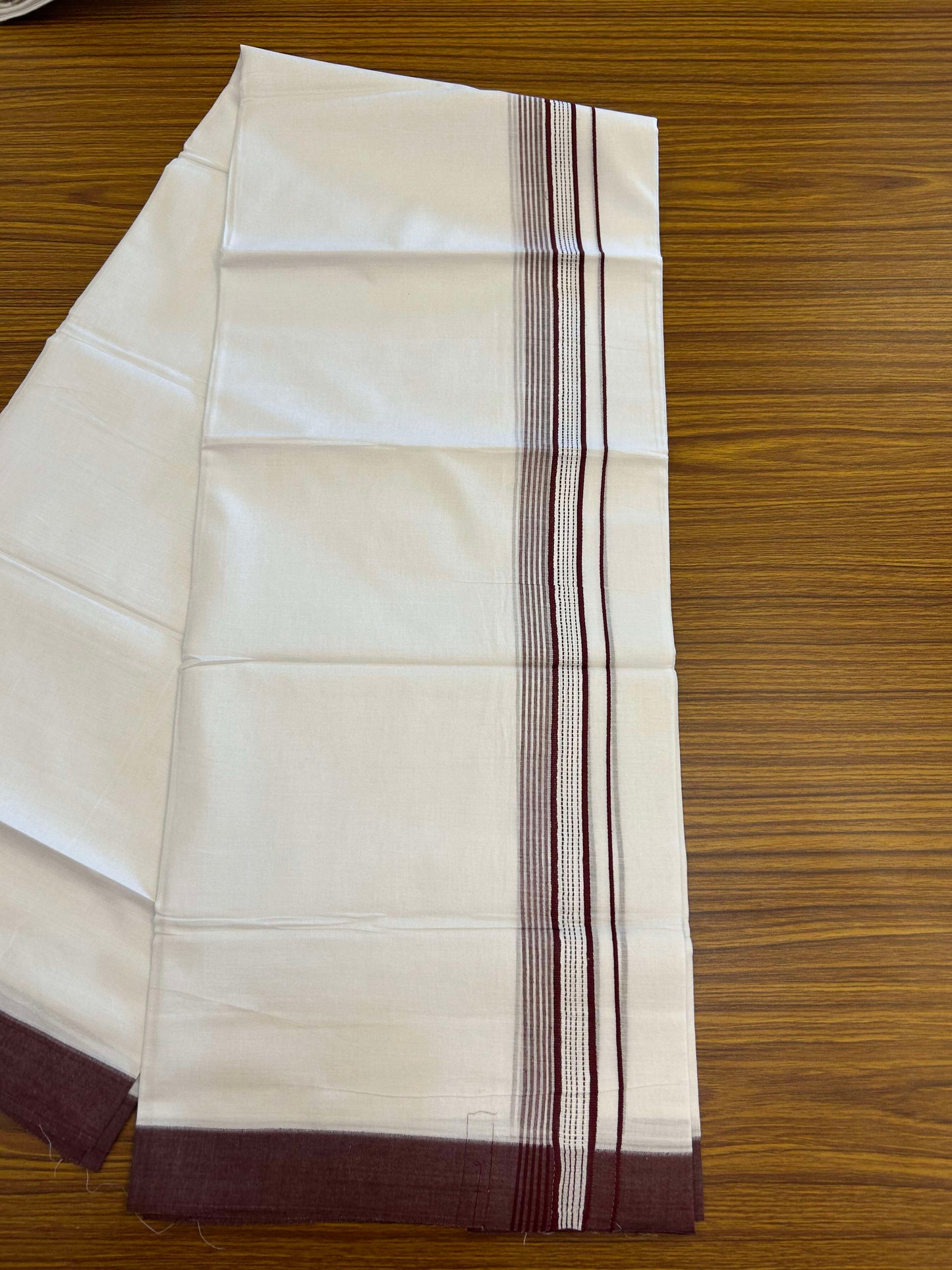 20% Discount!! KaithariKada Balaramapuram 100% Cotton Double Pure White Mundu/Dhoti - 100x100 - 1.25 inch Maroon Striped Kara 3.96 mtr (8 muzham) - 6 KK5309 GAN