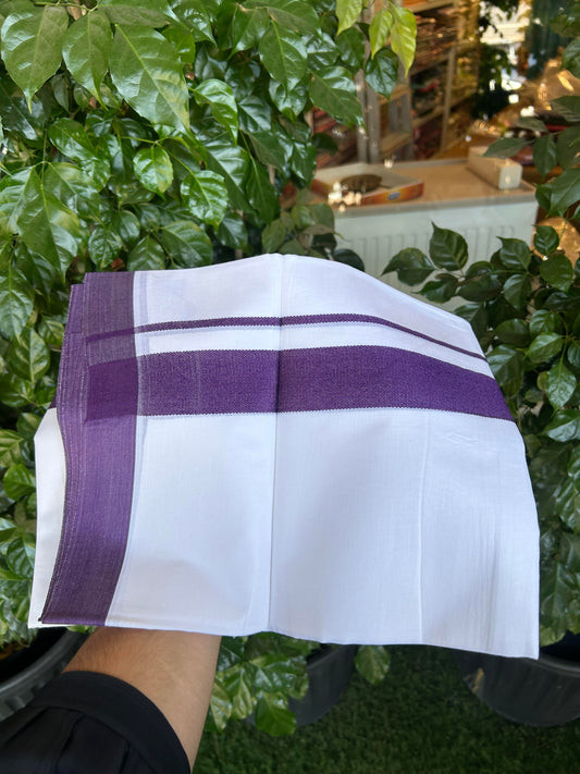 20% Discount ! Kaitharikada Balaramapuram 100% Cotton Pure White Double Mundu/Dothi - 100x80 - 1.5 inch Purple Kara - 3.90 m (8 muzham) - 17 KK5364 MC