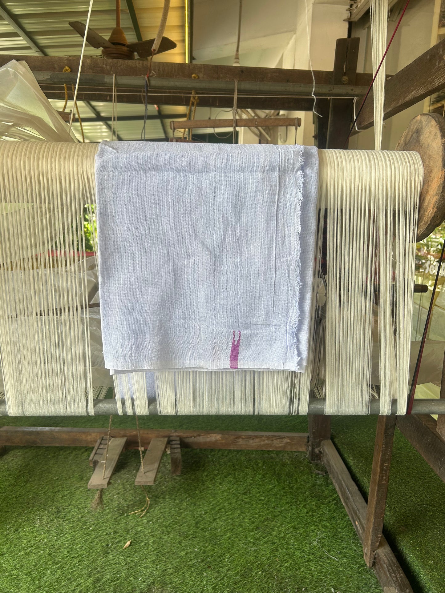 Kaitharikada - Handloom Pure Cotton Kerala Towel - Thorthu - White Body & Pink Chutty Kara- 4 KK51202 ELA
