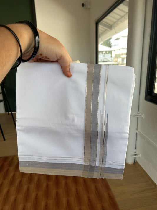20% Discount! KaithariKada Balaramapuram 100% Cotton Double Pure white Mundu/Dhoti- 100X80 - 1.25 inch Puliyilakkara Silver Kasav Greyish Blue & Light Brown  Chutty Kara 3.80 mtr ( 8 muzham) - 15 KK5382 VIN